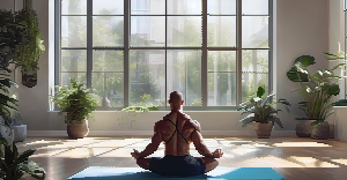 A bodybuilder meditating on a yoga mat in a bright room filled with plants and fitness equipment, showcasing a peaceful environment.