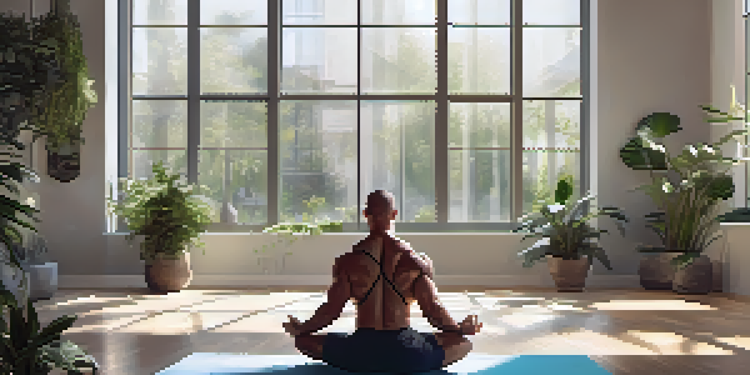 A bodybuilder meditating on a yoga mat in a bright room filled with plants and fitness equipment, showcasing a peaceful environment.
