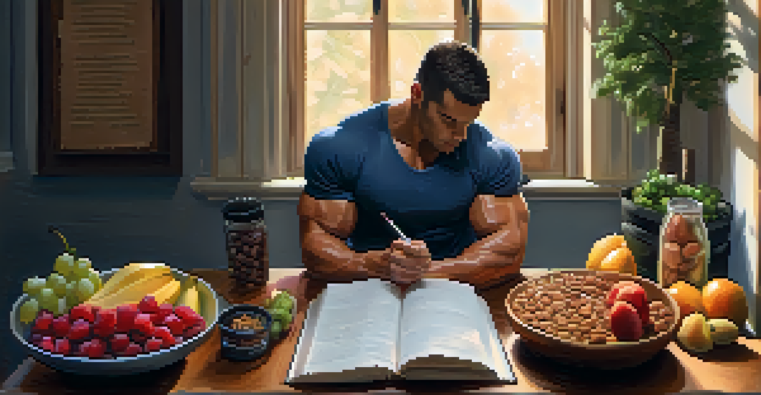 A close-up of a bodybuilder journaling about mindful eating, surrounded by healthy snacks, illuminated by warm light.