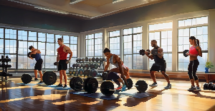 A diverse group of individuals training in a gym, with one person lifting weights in the foreground and sunlight streaming through windows.