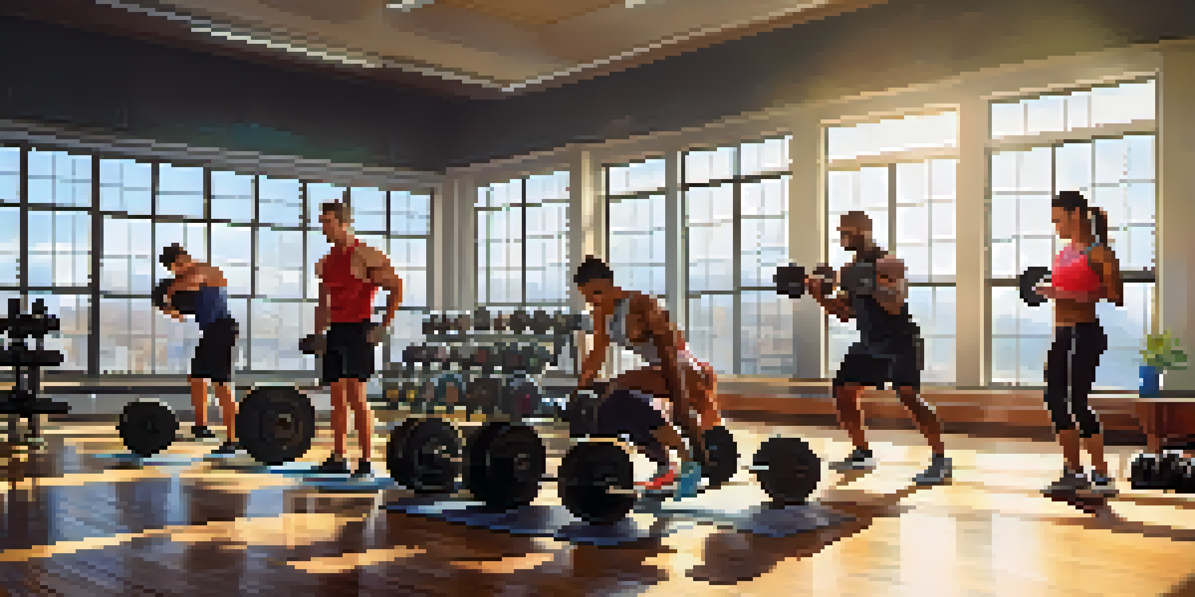 A diverse group of individuals training in a gym, with one person lifting weights in the foreground and sunlight streaming through windows.