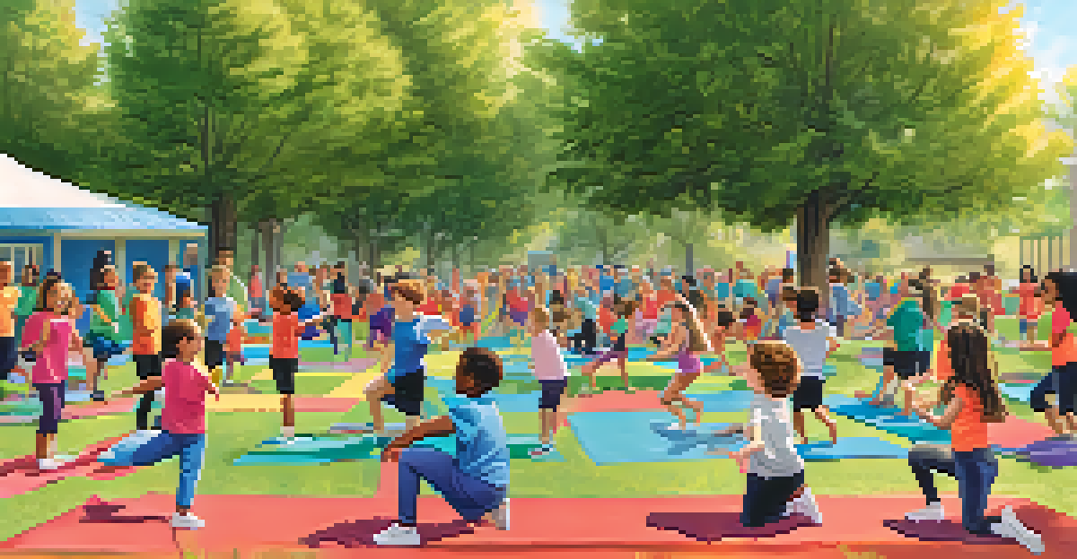 Students enjoying an outdoor fitness event at school, participating in group activities with encouragement from a bodybuilder in a sunny park.