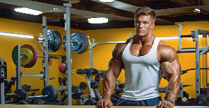 A bodybuilder lifting weights in a gym surrounded by various supplements on a bench, with bright lighting and gym equipment in the background.