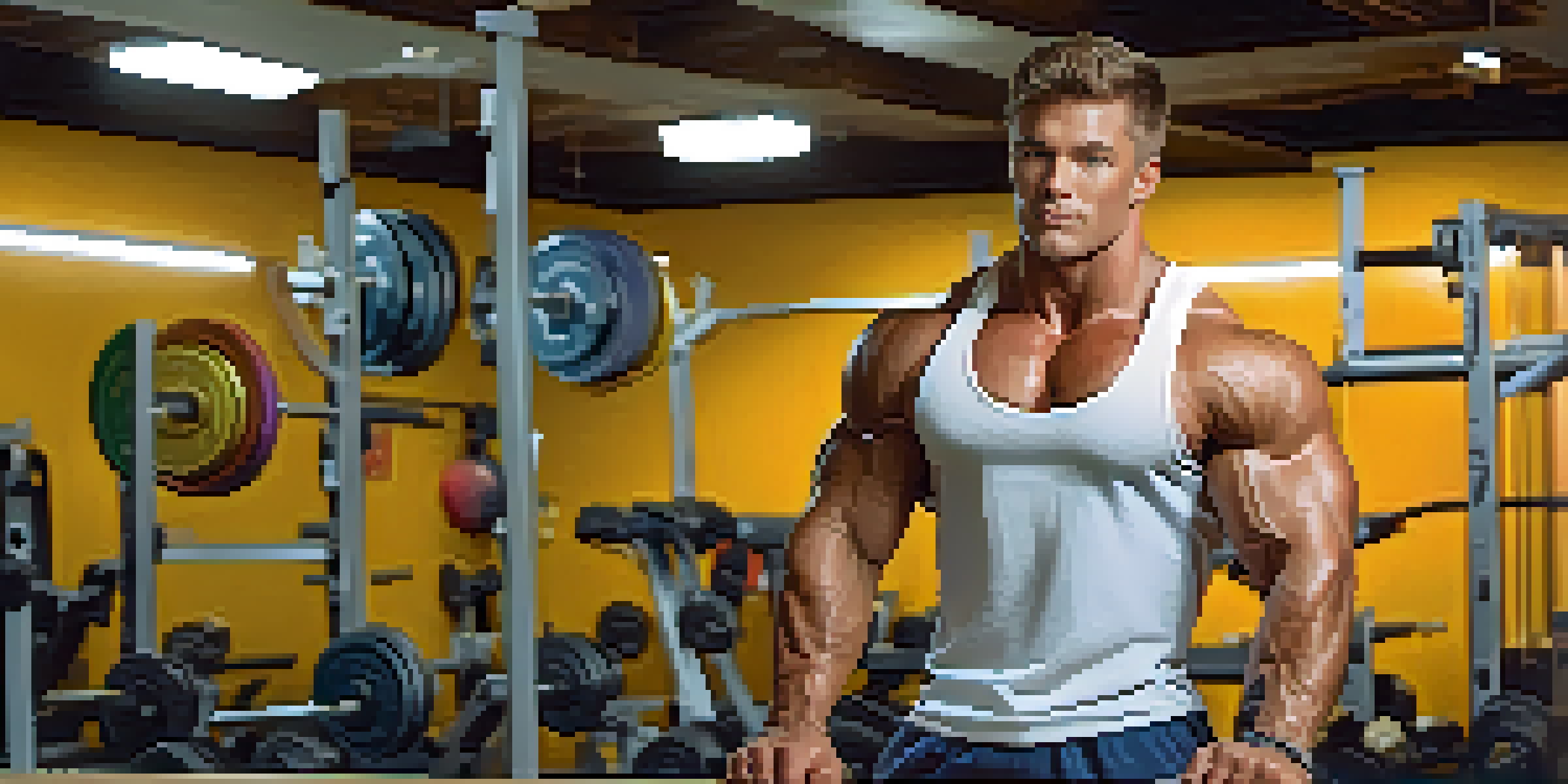 A bodybuilder lifting weights in a gym surrounded by various supplements on a bench, with bright lighting and gym equipment in the background.