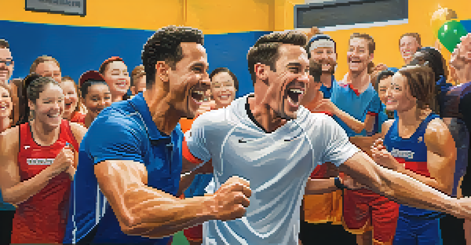 A coach and athlete high-fiving in a gym, celebrating a milestone achievement.