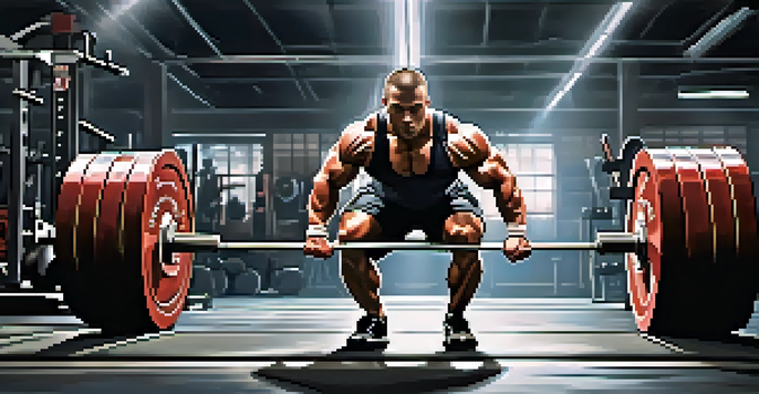 A powerlifter lifting a heavy barbell in a gym, with weights and fitness equipment in the background, illuminated by dramatic lighting.
