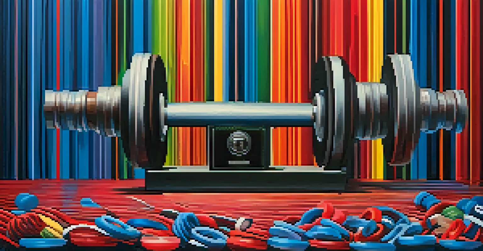 Colorful sound waves mixing with weightlifting equipment, symbolizing the relationship between music and fitness.