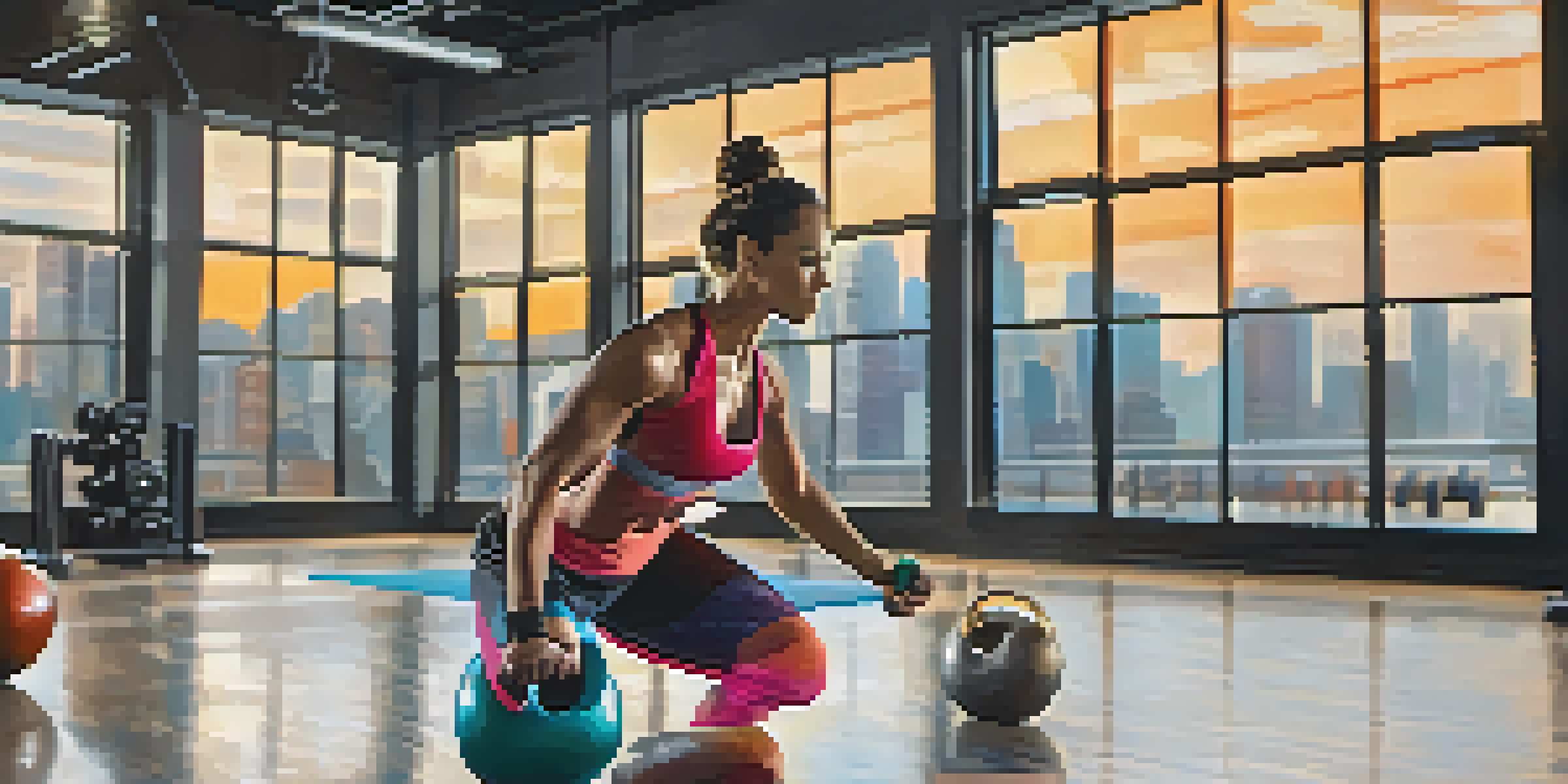 A person executing a kettlebell swing in a bright gym, surrounded by fitness equipment and illuminated by natural light.