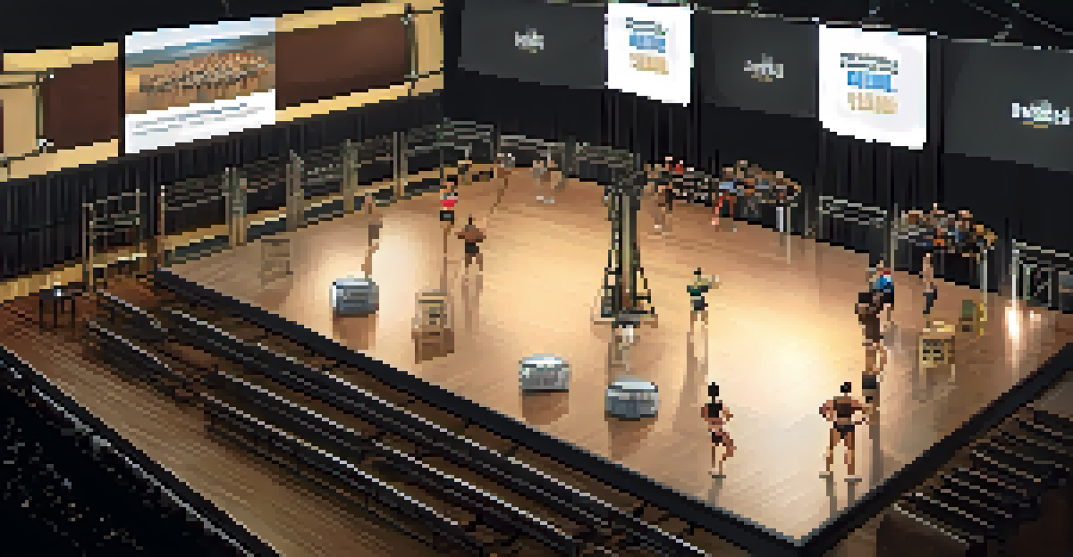 An overhead view of a bodybuilding event venue with a stage and competitors warming up, showcasing a professional and organized environment.