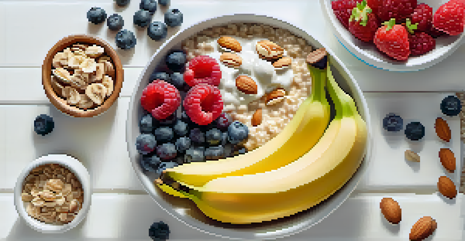 An assortment of healthy snacks including bananas, berries, and oatmeal topped with nuts and seeds on a bright white background.