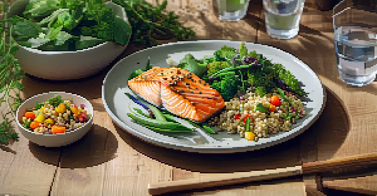 A healthy meal featuring grilled salmon, quinoa, and vegetables on a wooden table with a journal in the background.