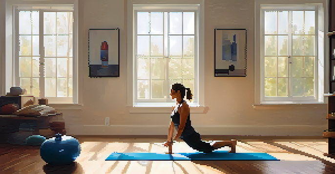 A person doing push-ups on a yoga mat in a bright home workout area, with dumbbells and a water bottle nearby.