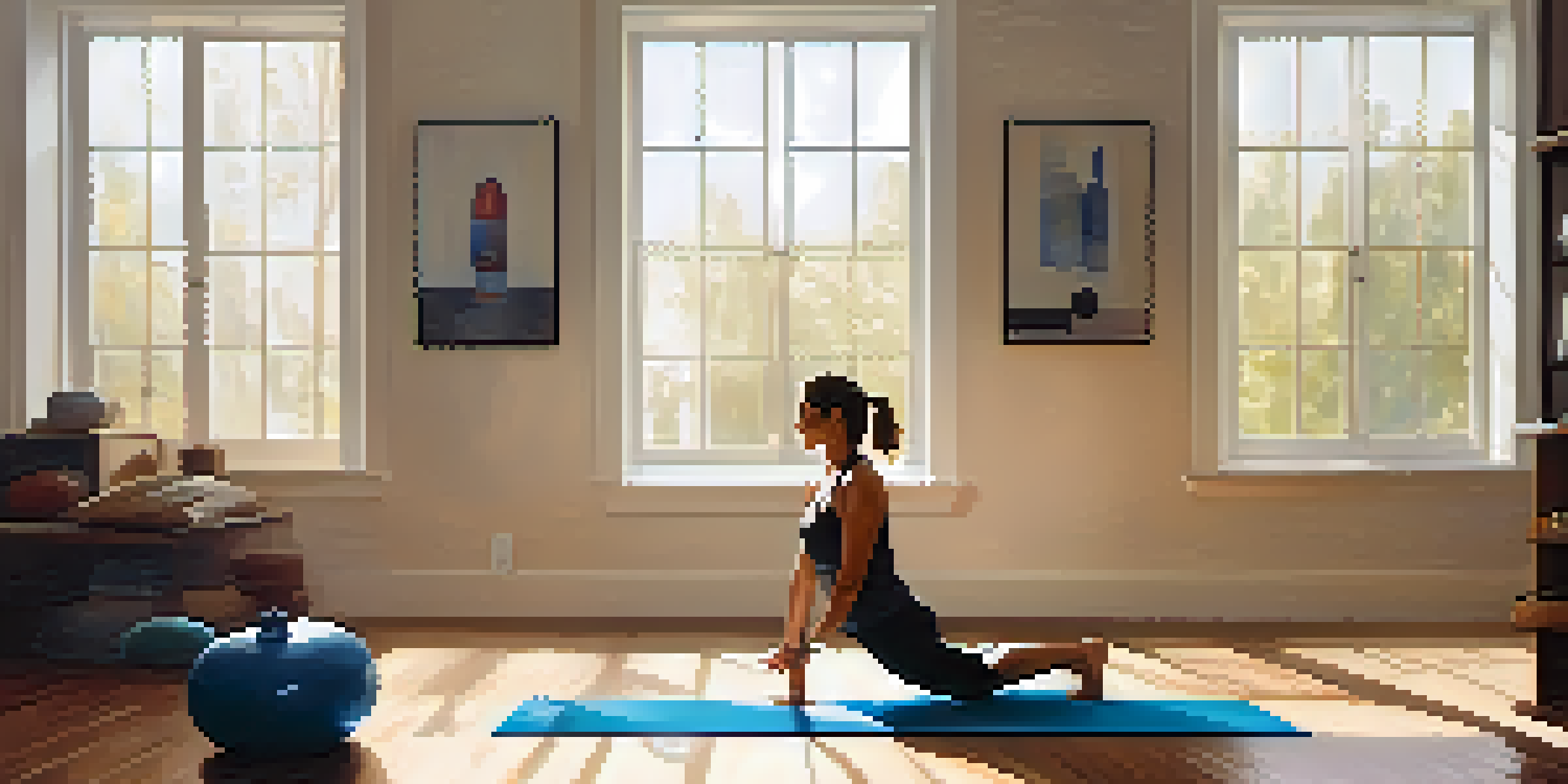 A person doing push-ups on a yoga mat in a bright home workout area, with dumbbells and a water bottle nearby.
