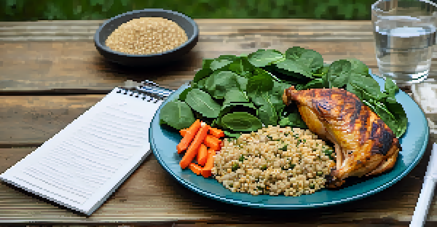 A balanced meal plate with grilled chicken, quinoa, spinach, and vegetables on a rustic wooden table, emphasizing nutrition for bodybuilding.