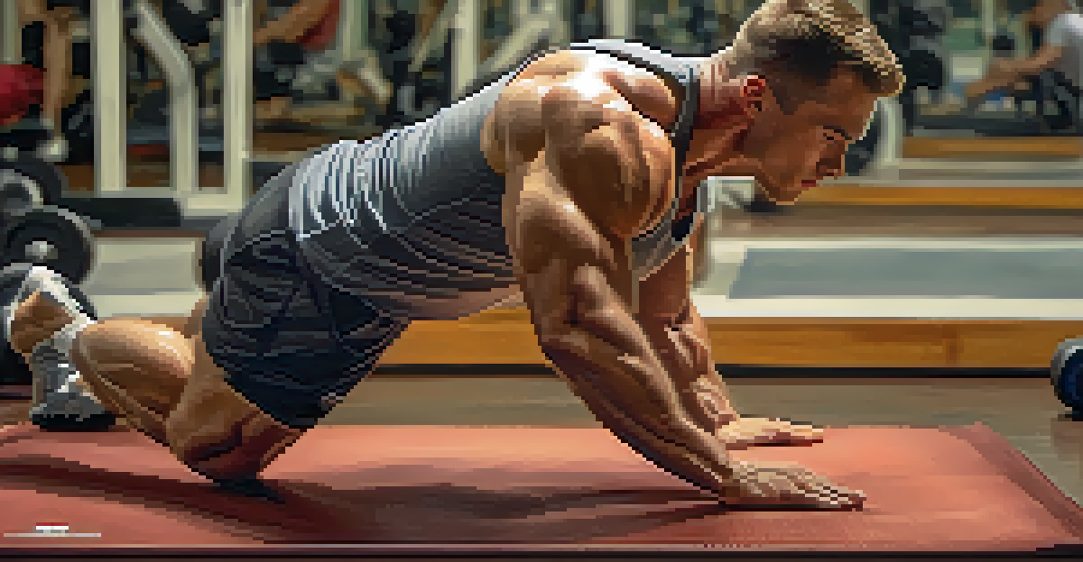 Close-up of a bodybuilder doing dynamic stretches on a gym mat.