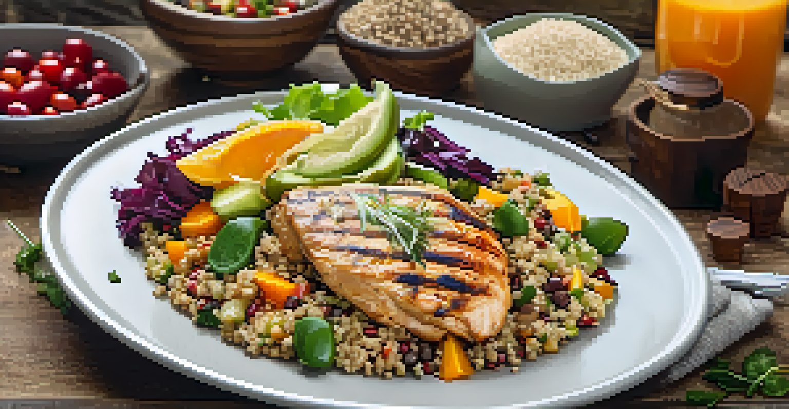 A close-up of a balanced meal with grilled chicken, quinoa, salad, and nutritional supplements on a rustic wooden background.