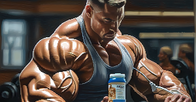 A bodybuilder's hands holding a protein shake bottle with a blurred gym in the background, showcasing defined muscles under soft lighting.