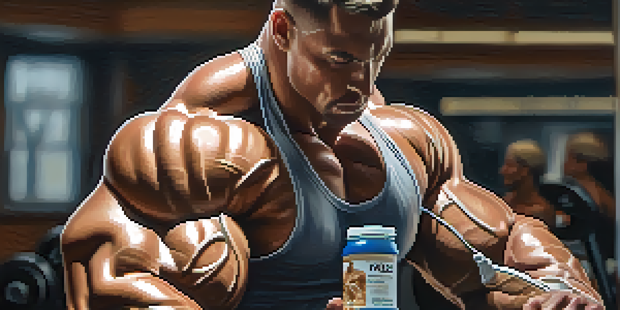 A bodybuilder's hands holding a protein shake bottle with a blurred gym in the background, showcasing defined muscles under soft lighting.