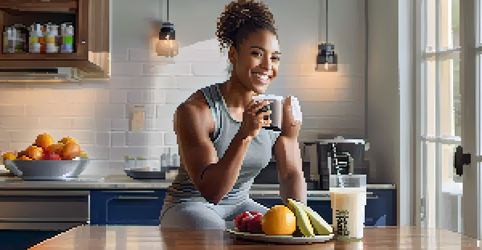 An athlete enjoying a protein shake and Greek yogurt with fruit in a cozy kitchen, with motivational quotes in the background.