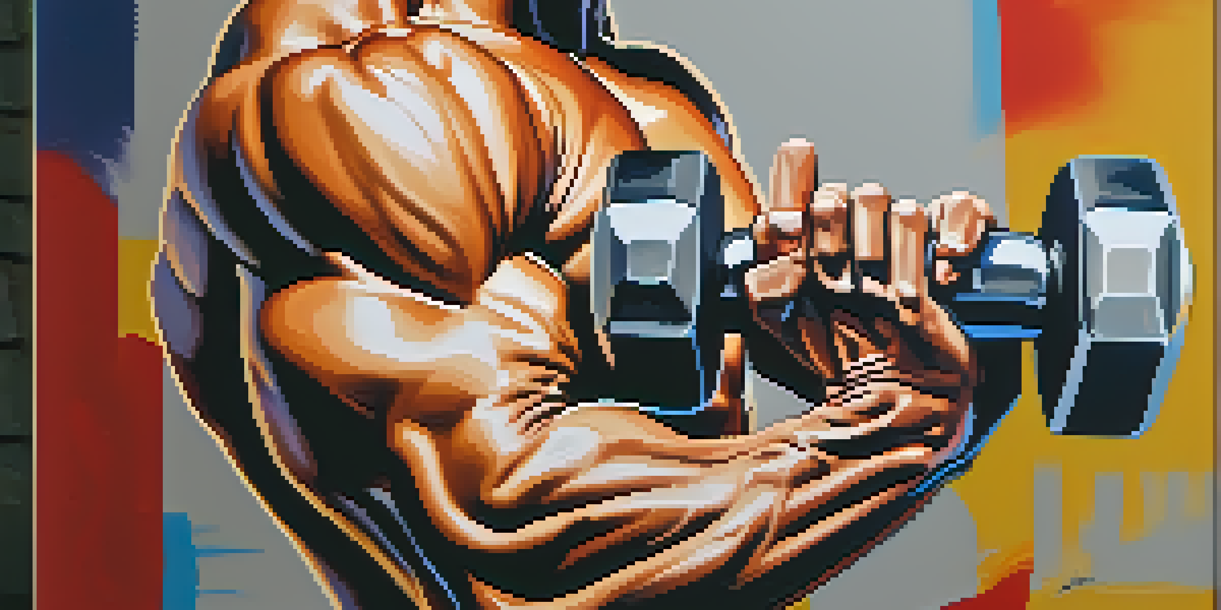 A muscular arm lifting a heavy dumbbell in a bright gym with motivational posters.