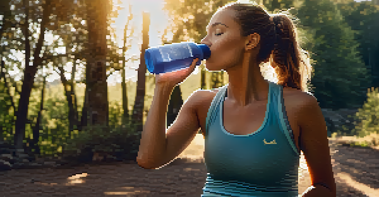 A person drinking water from a reusable bottle in an outdoor setting after a workout, with a sunset in the background.