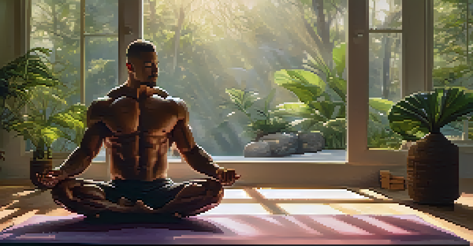 A bodybuilder meditating on a yoga mat in a tranquil gym corner, surrounded by plants and soft lighting, visualizing their fitness goals.