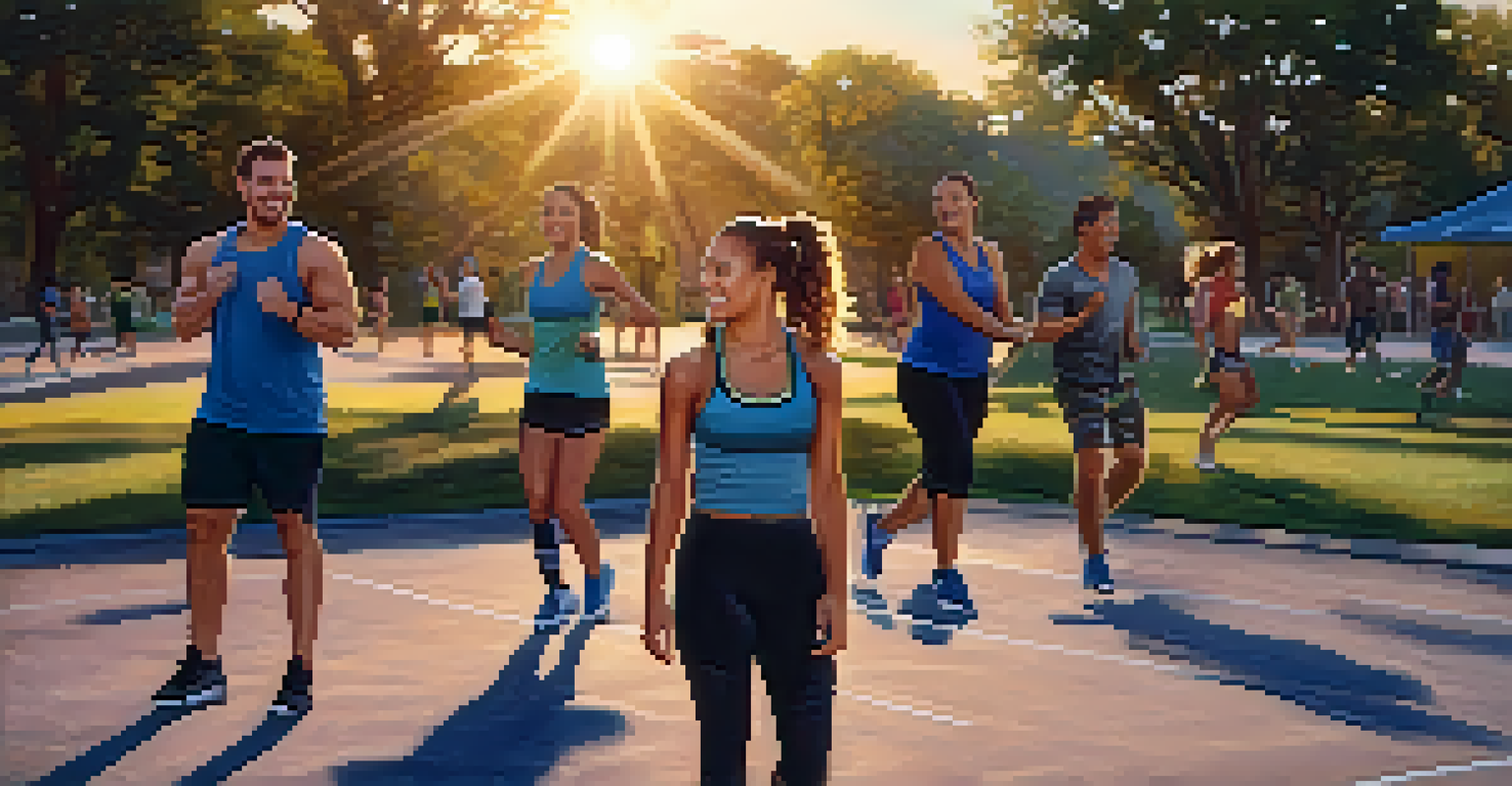 A group of friends exercising together in a park during sunset, showcasing support and camaraderie.