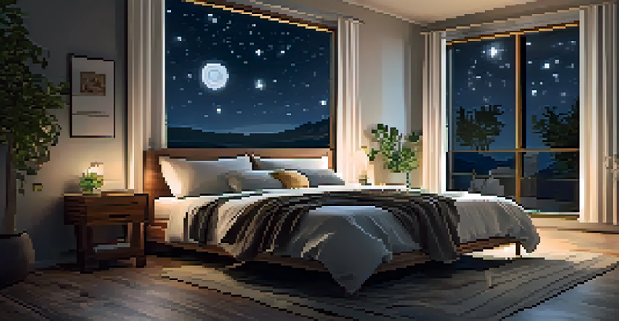 A peaceful bedroom with a neatly made bed, soft lighting, and a starry sky visible through a window.