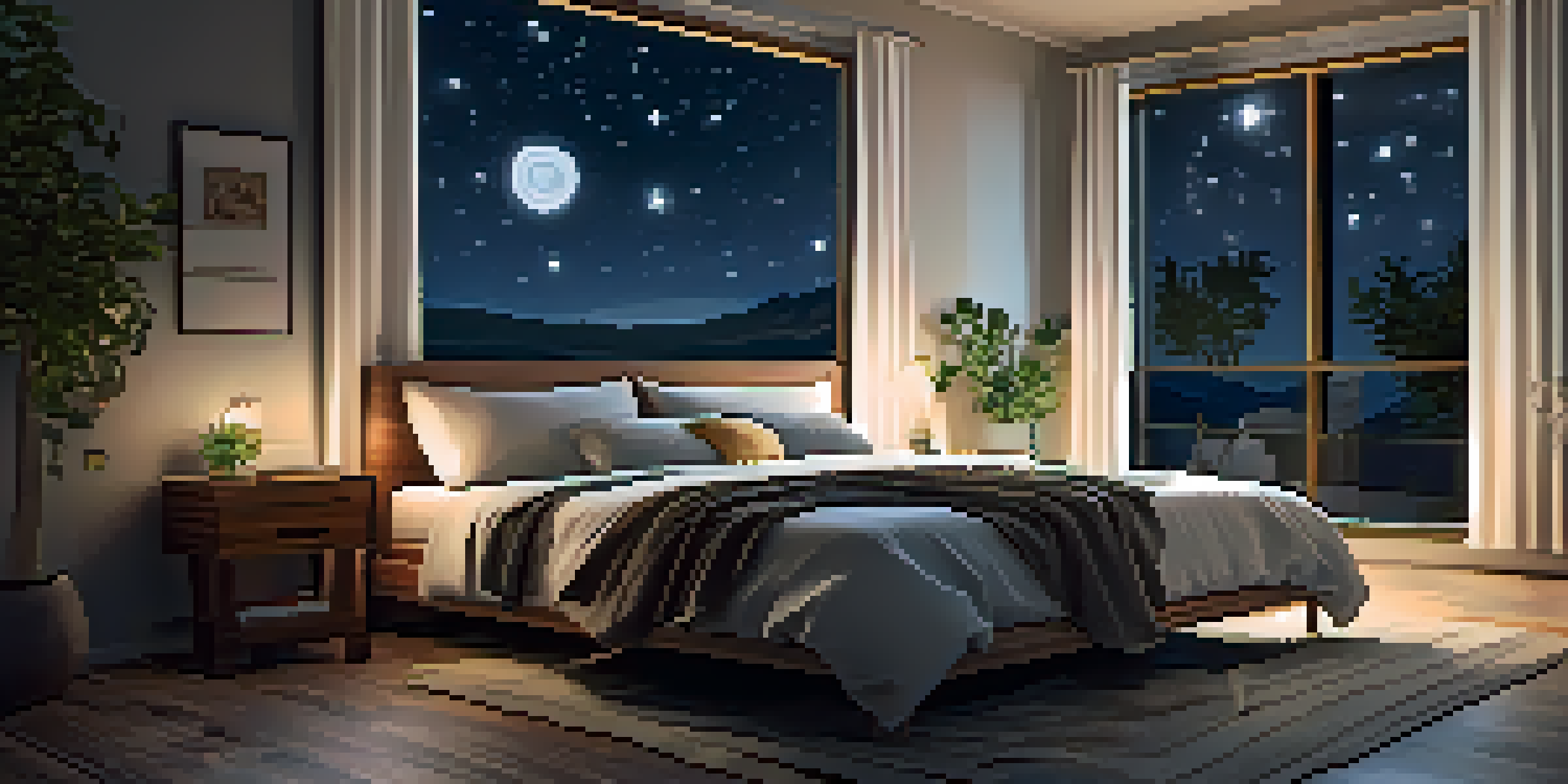 A peaceful bedroom with a neatly made bed, soft lighting, and a starry sky visible through a window.