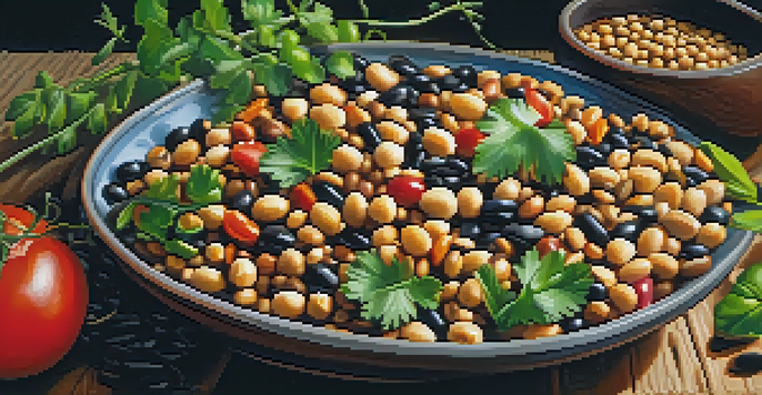 A bowl of mixed legumes including lentils, chickpeas, and black beans, displayed on a wooden table with fresh herbs and warm lighting.