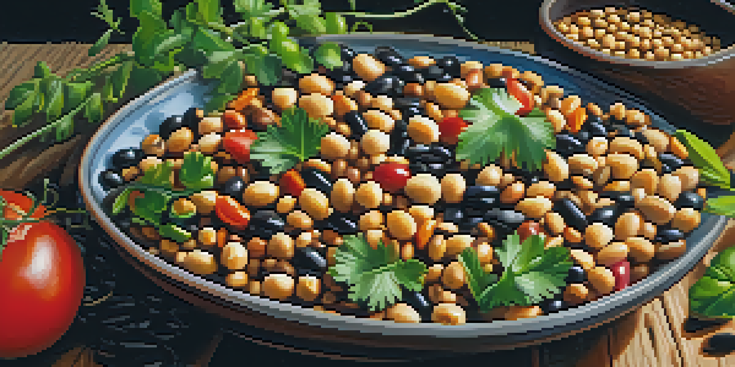 A bowl of mixed legumes including lentils, chickpeas, and black beans, displayed on a wooden table with fresh herbs and warm lighting.