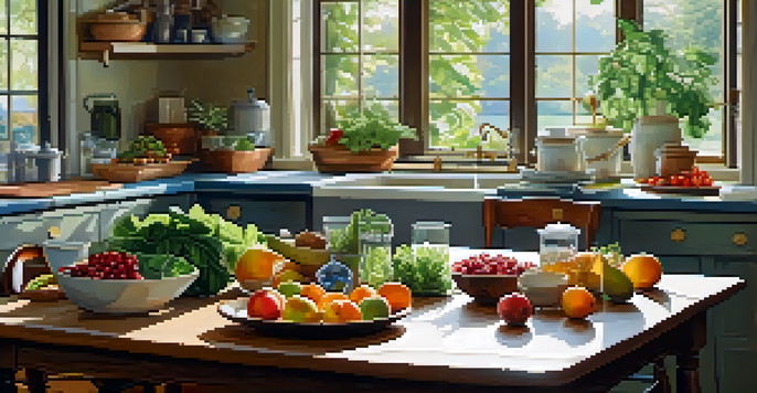 A bright kitchen with fresh vegetables, fruits, and nuts on a wooden table, illuminated by natural light.
