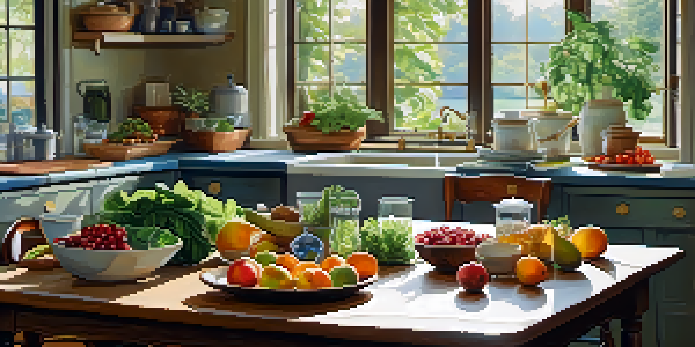 A bright kitchen with fresh vegetables, fruits, and nuts on a wooden table, illuminated by natural light.
