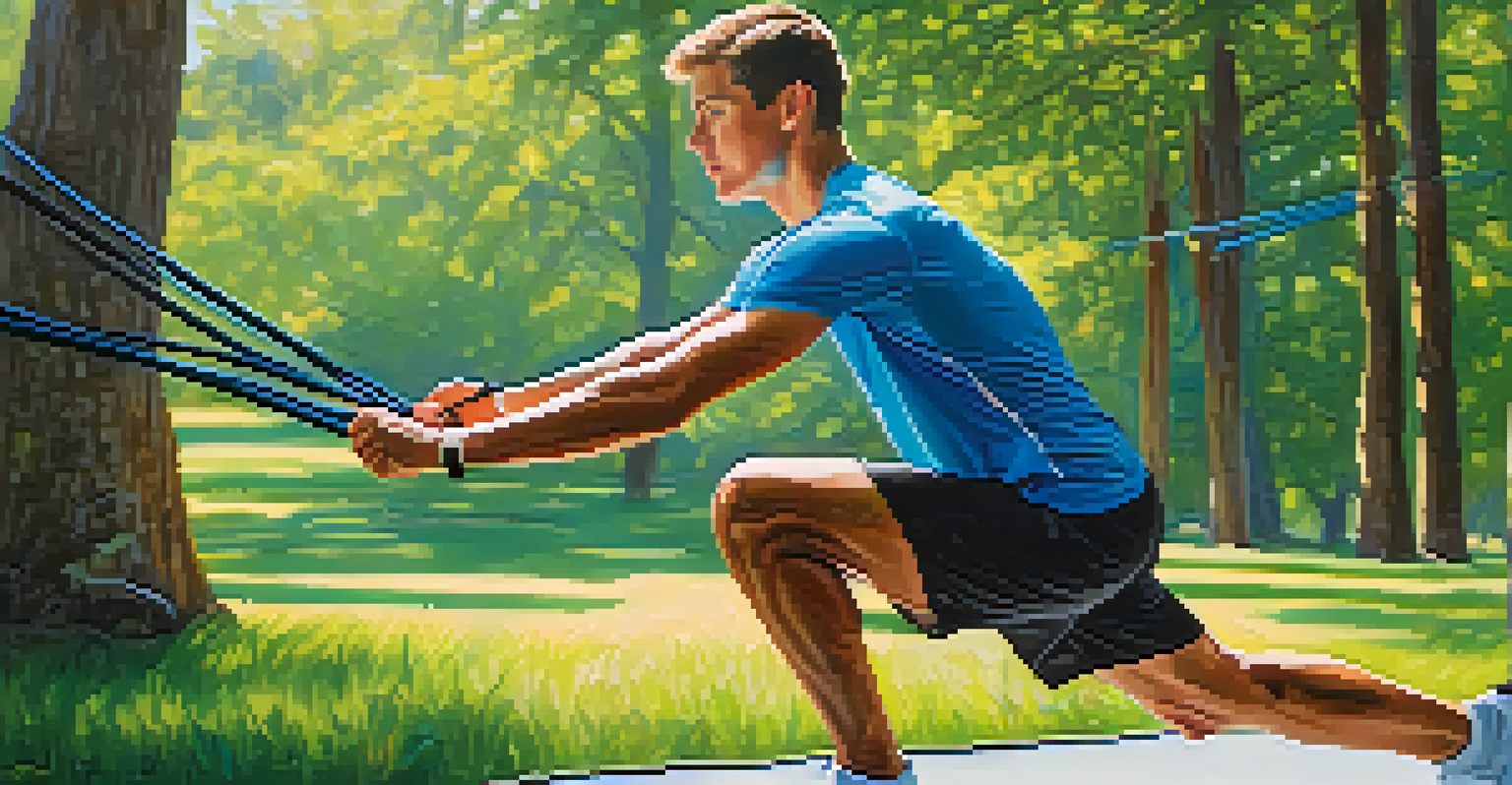 An athlete stretching shoulders with a resistance band in a green outdoor setting.