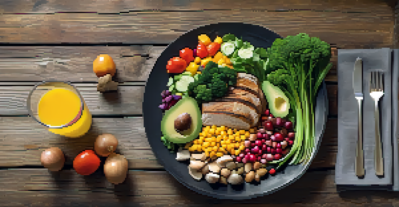 A nutritious meal of protein-rich food and colorful vegetables on a rustic wooden table.
