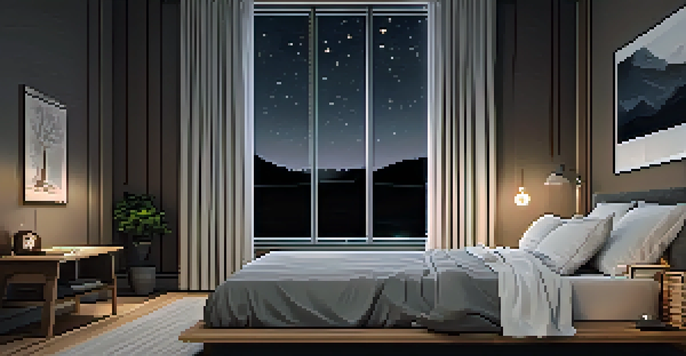 A cozy bedroom setup promoting restful sleep, with dark bedding, blackout curtains, and a soothing atmosphere.