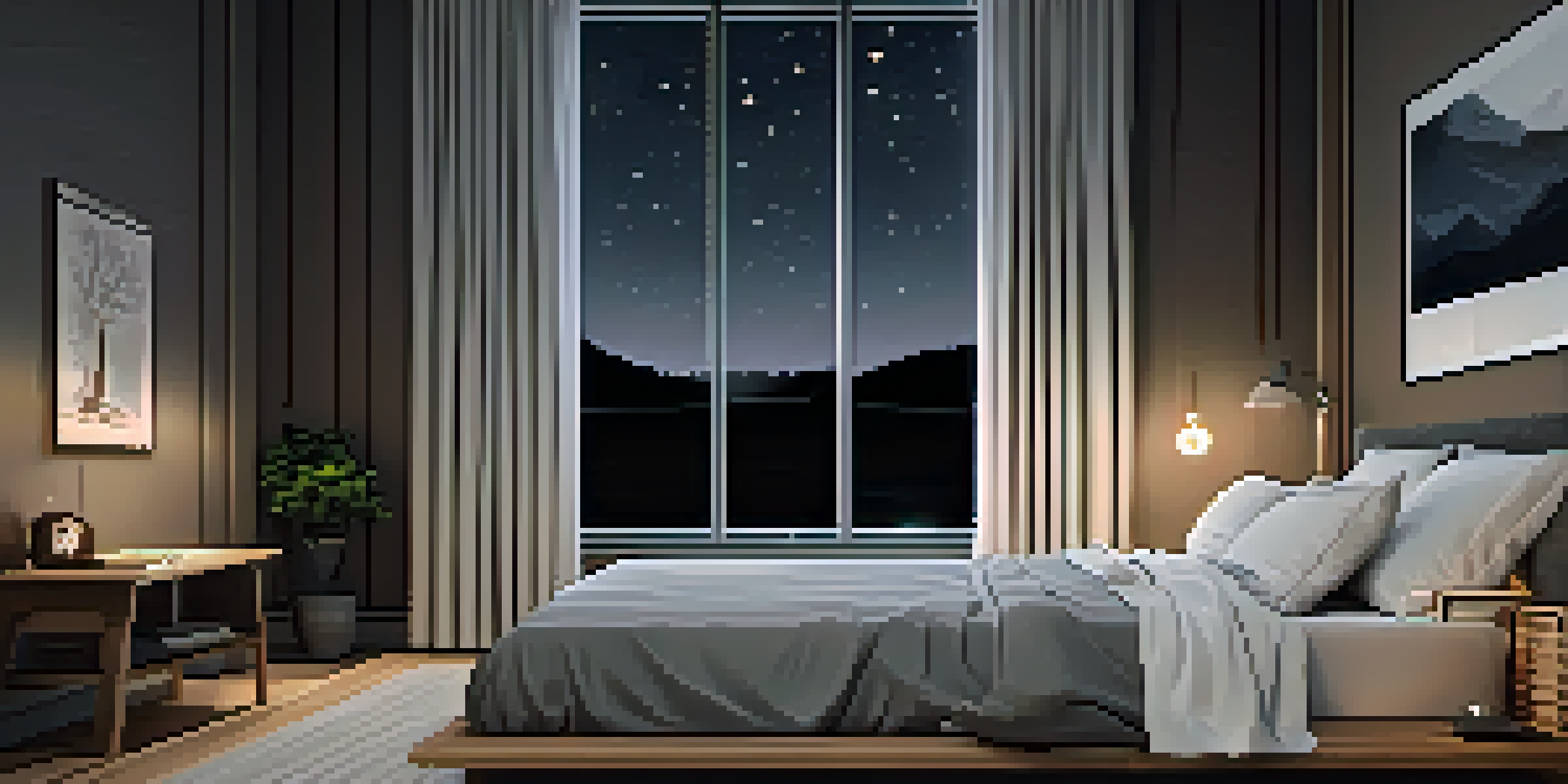 A cozy bedroom setup promoting restful sleep, with dark bedding, blackout curtains, and a soothing atmosphere.