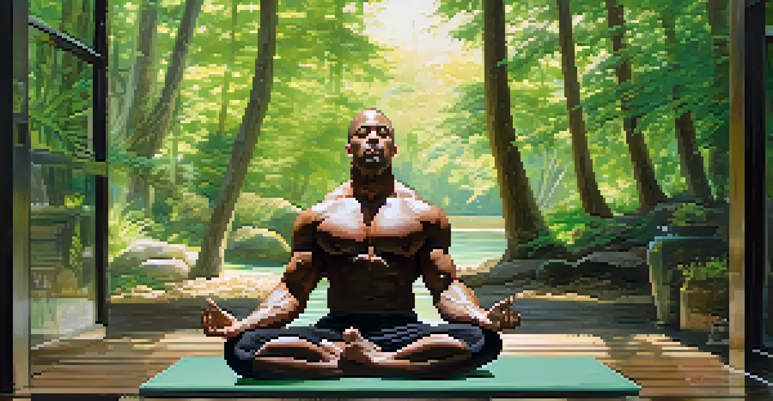 A bodybuilder meditating outdoors in nature, surrounded by greenery and soft sunlight.