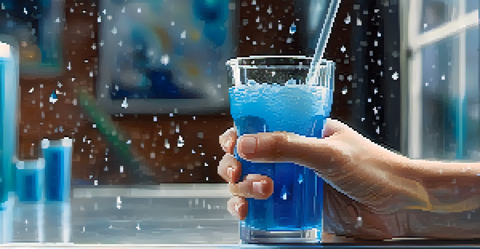 A close-up of a hand holding a glass of blue electrolyte drink, with condensation, against a blurred gym background.