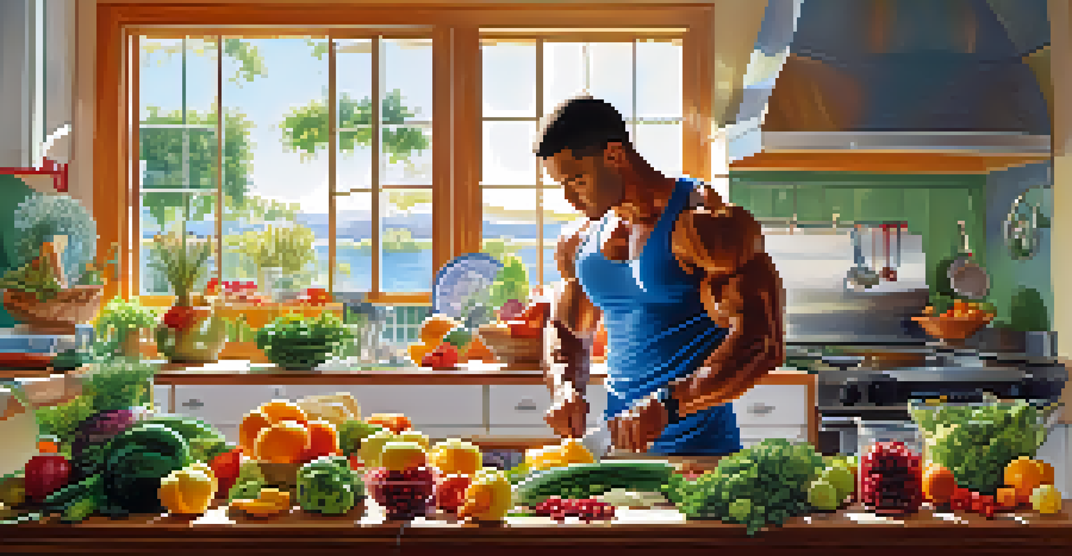 A bodybuilder preparing a healthy meal in a bright kitchen, surrounded by colorful fruits and vegetables.