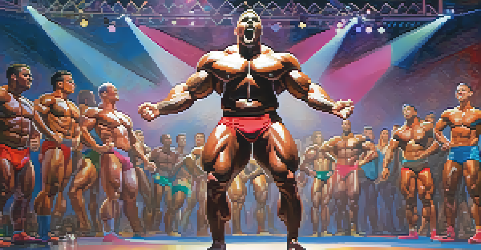 An athlete confidently posing on stage at a bodybuilding competition, promoting body positivity.