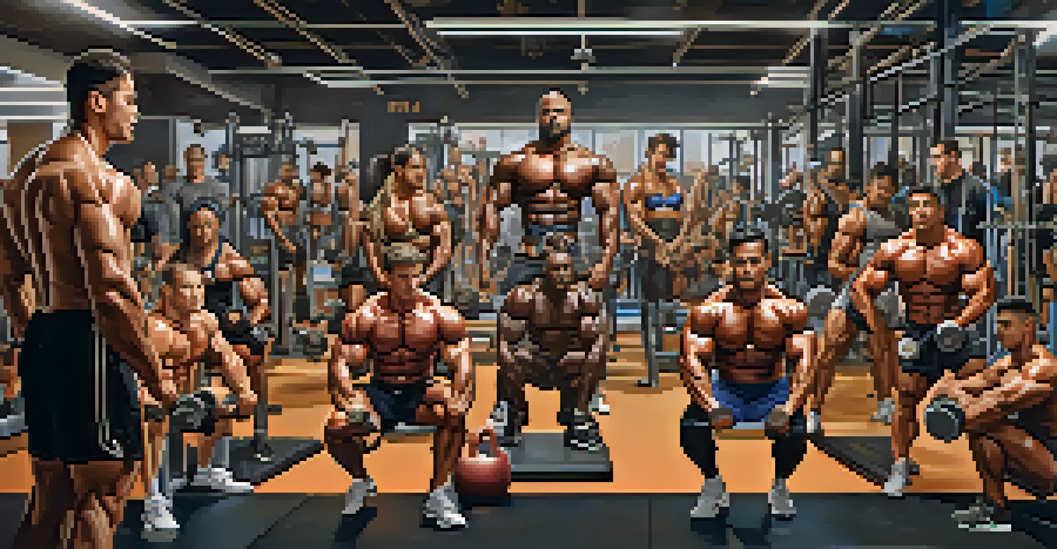A diverse group of bodybuilders training in a gym, showcasing different cultures and physiques.