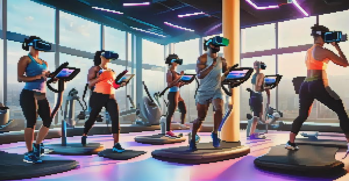 A diverse group of people in a futuristic gym wearing VR headsets, engaged in workouts with high-tech equipment and bright lighting.