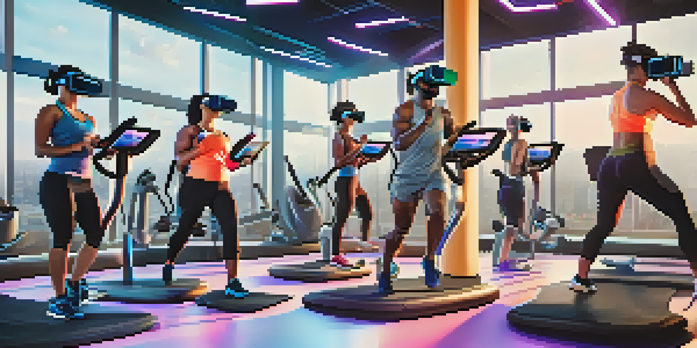A diverse group of people in a futuristic gym wearing VR headsets, engaged in workouts with high-tech equipment and bright lighting.