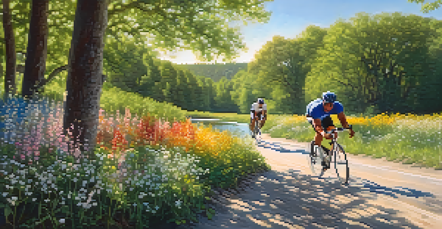 A bodybuilder cycling along a riverbank, with blooming wildflowers and sunlight filtering through the trees.