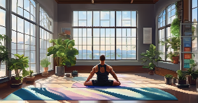 A bodybuilder resting on a yoga mat in a peaceful gym setting with natural light and motivational posters.