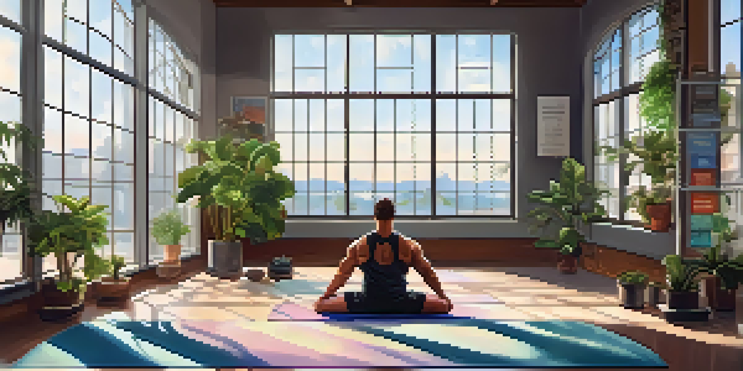 A bodybuilder resting on a yoga mat in a peaceful gym setting with natural light and motivational posters.
