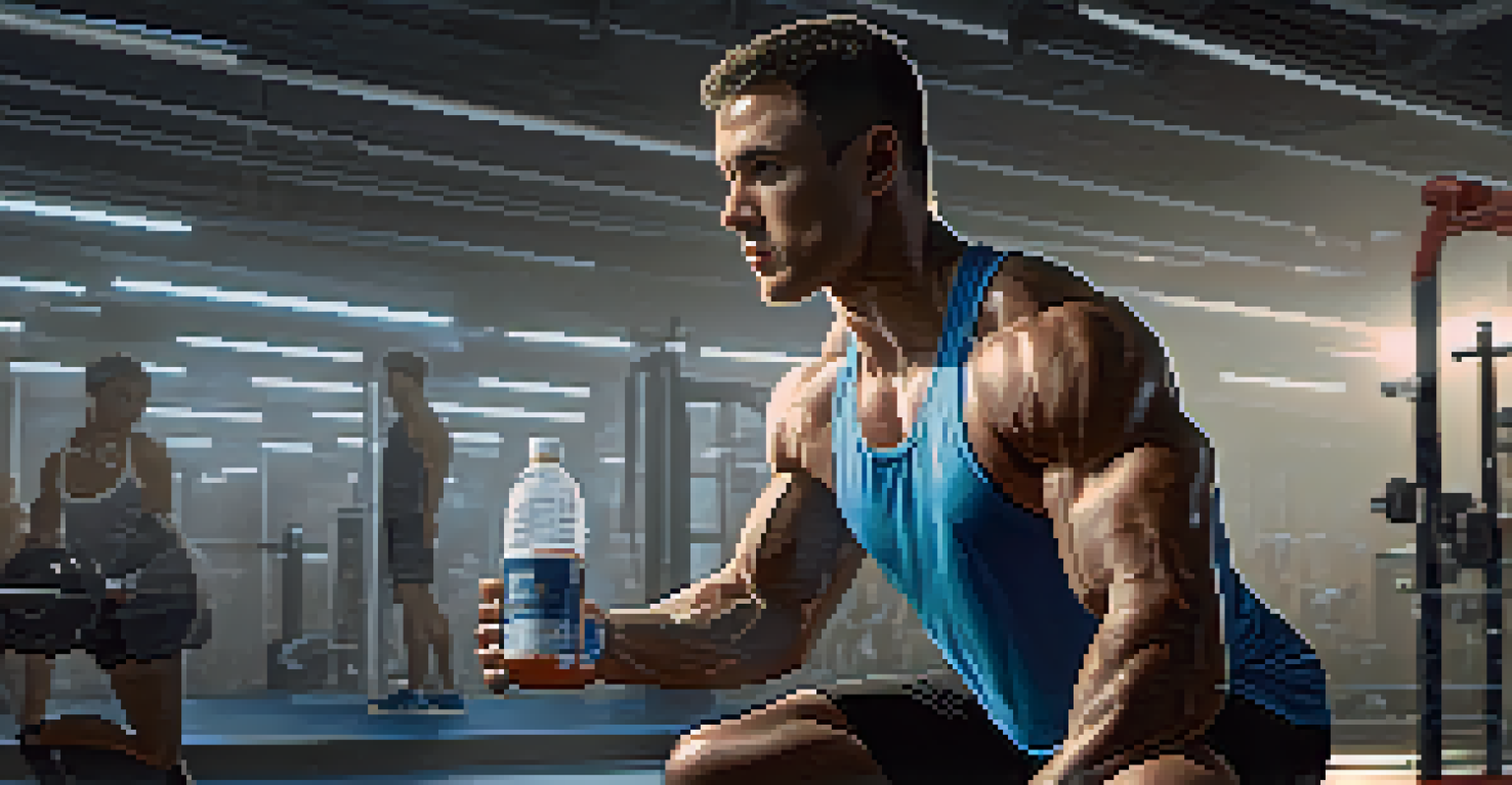 An athlete in a gym lifting weights, with a water bottle and electrolyte supplement container nearby, showcasing effort and determination.