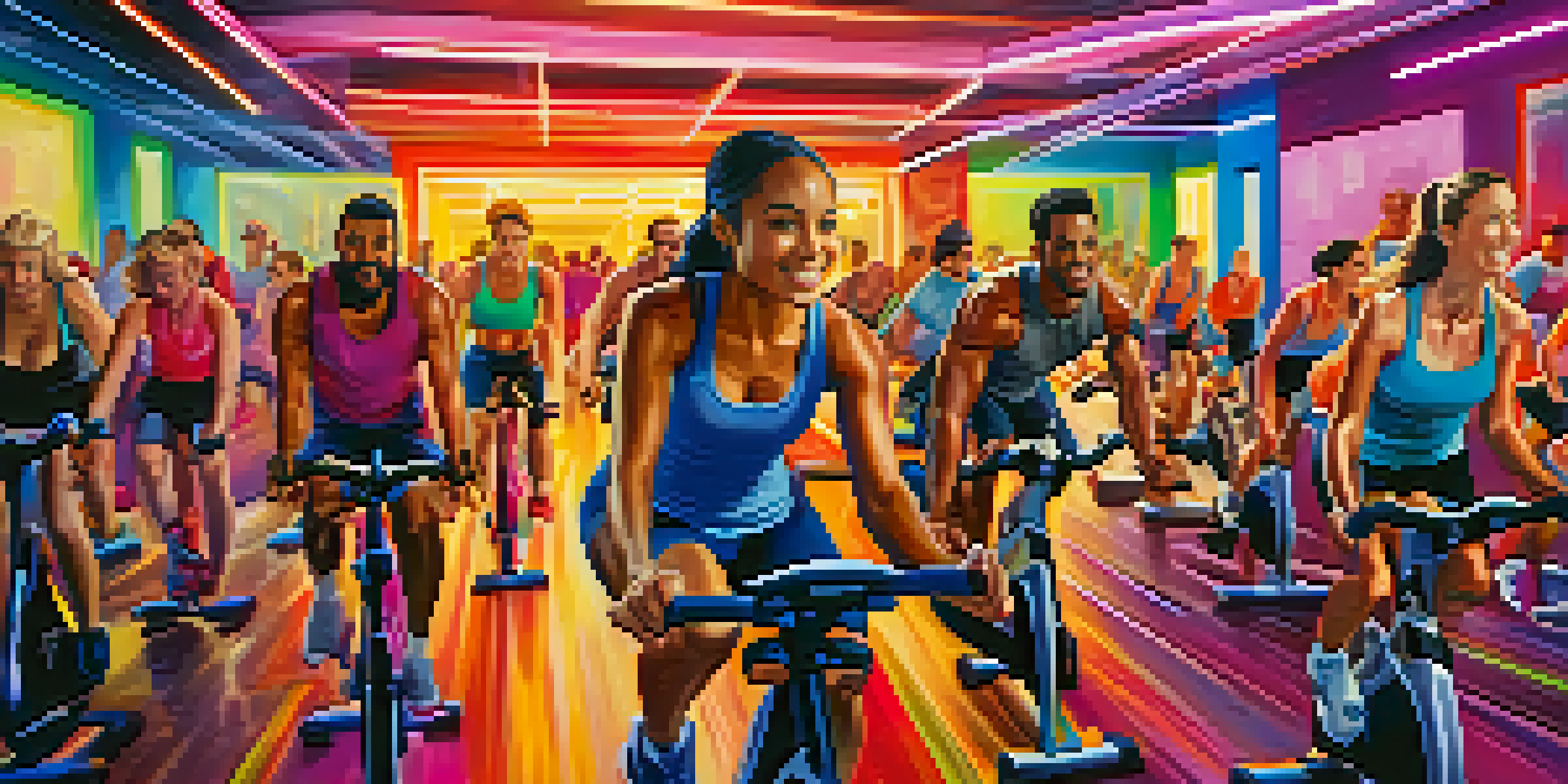 A diverse group of people enjoying a spin class in a colorful gym, synchronized to the music with expressions of joy and determination.