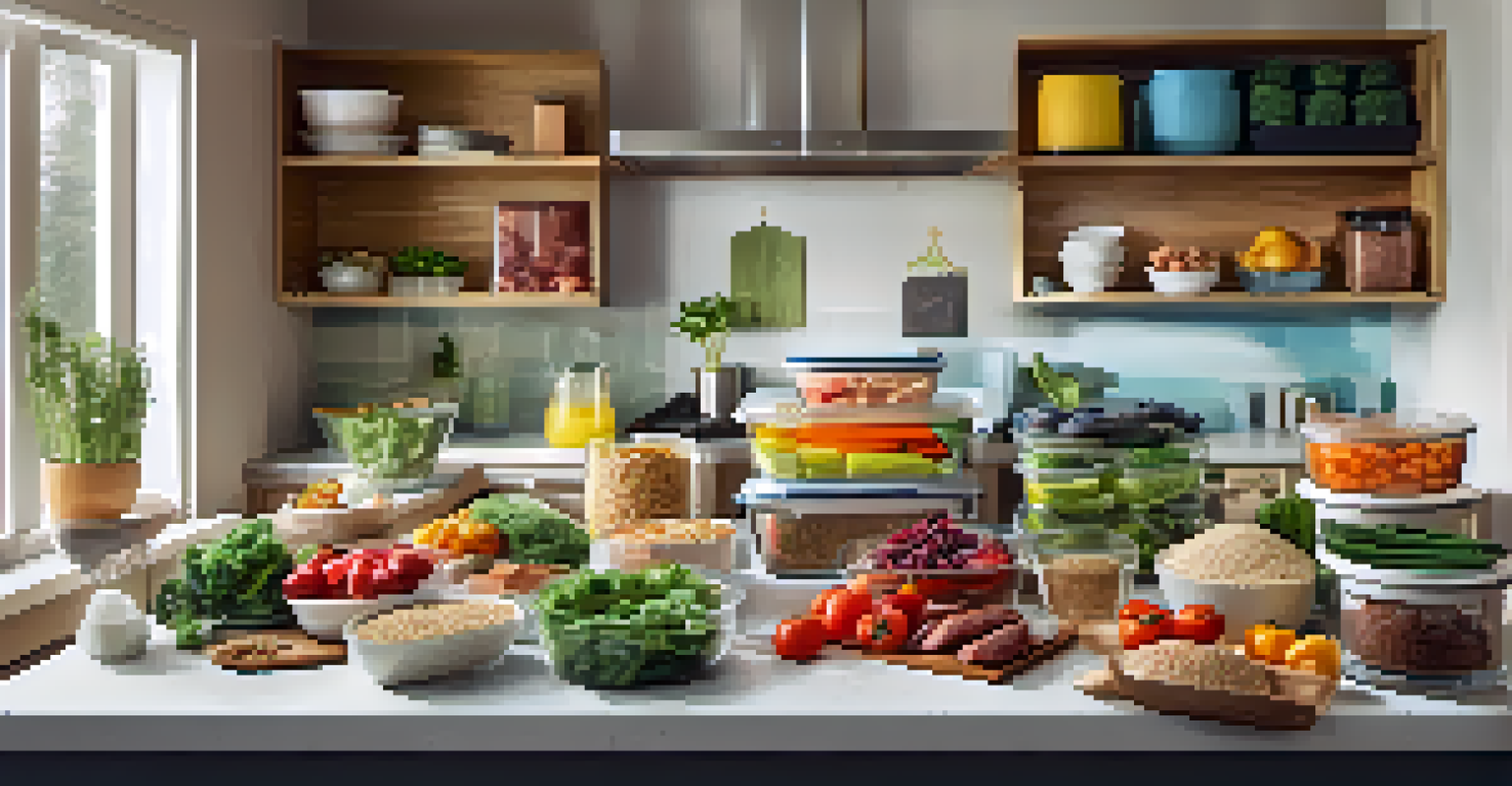 A meal prep station with healthy foods arranged in containers, showcasing colorful vegetables, lean meats, and whole grains in a bright kitchen.